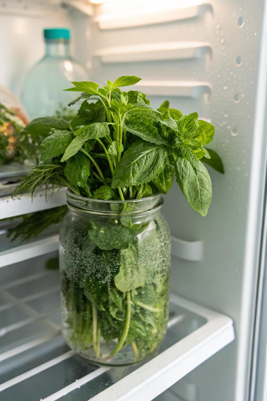 Fresh herbs kept in a jar of water for extended freshness.