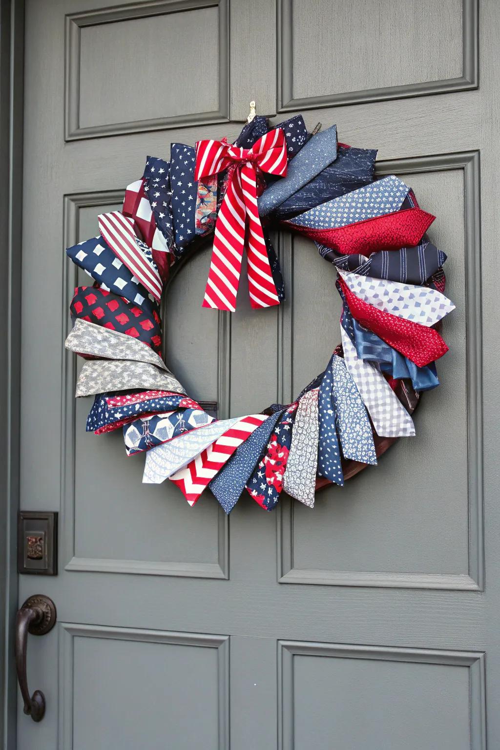 A unique wreath crafted from vintage cravats.