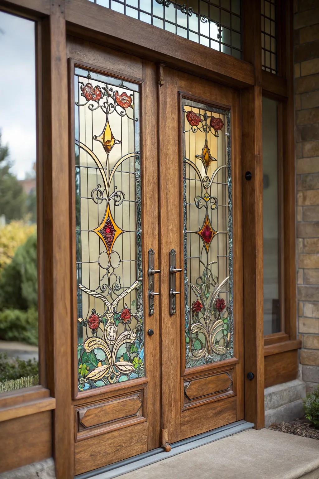 A stunning front door with colored glass providing privacy and artistry.