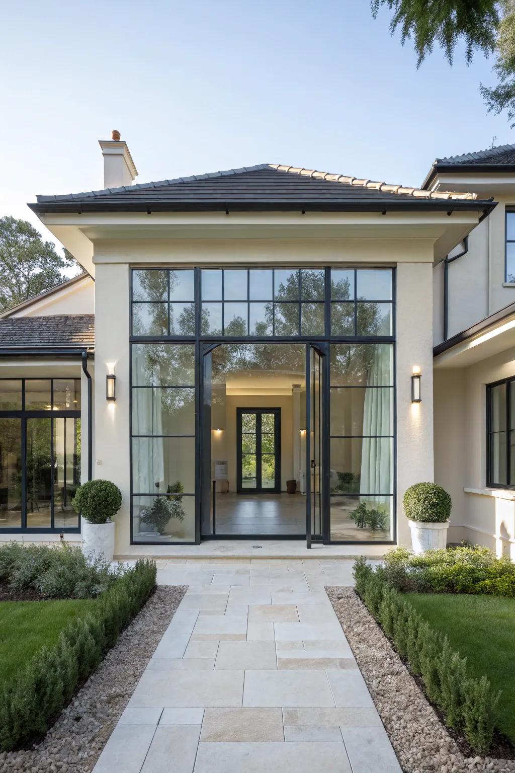 A modern glass entryway filled with light.