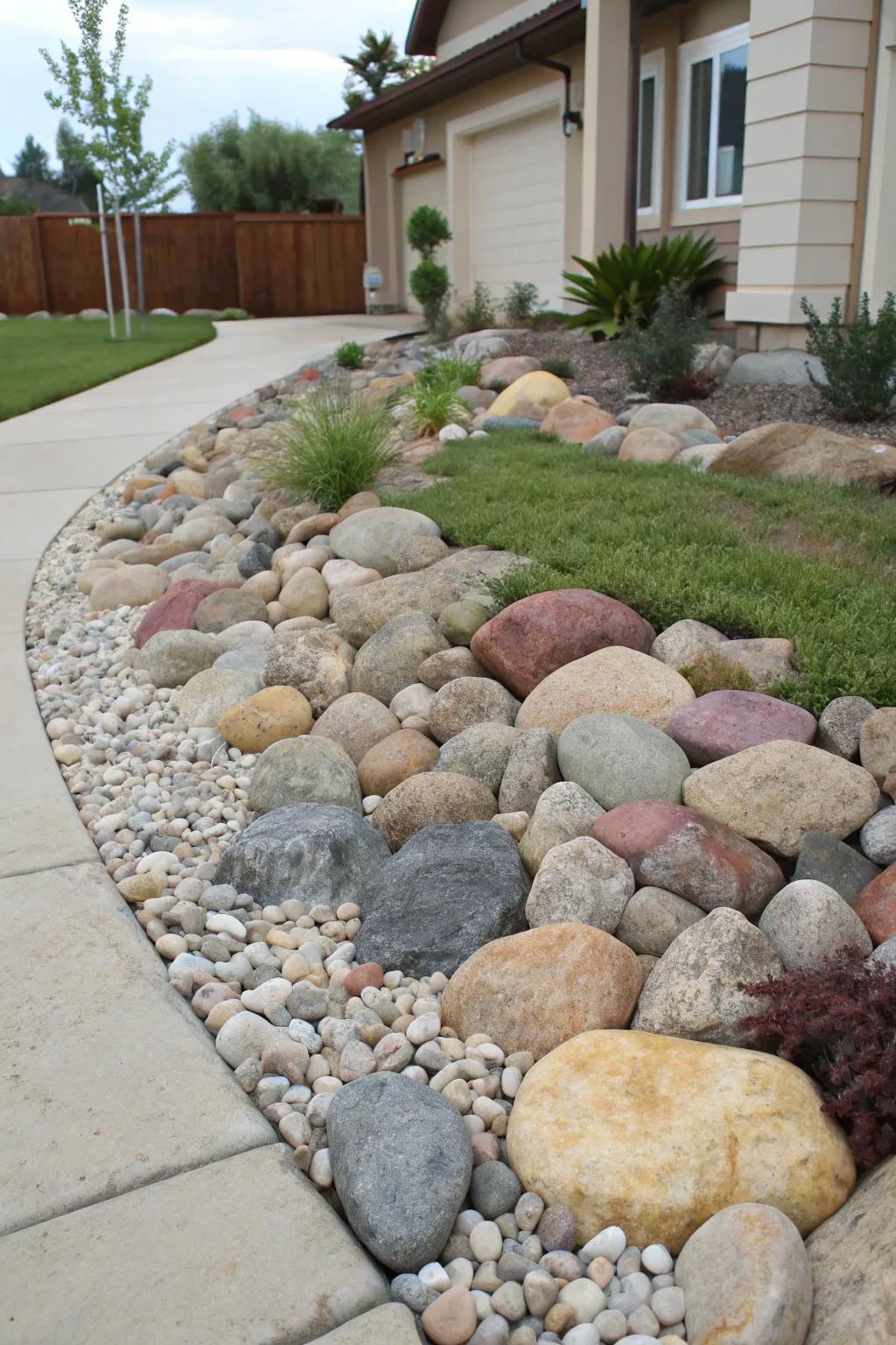 Texture and color variety are achieved by mixing river stones.