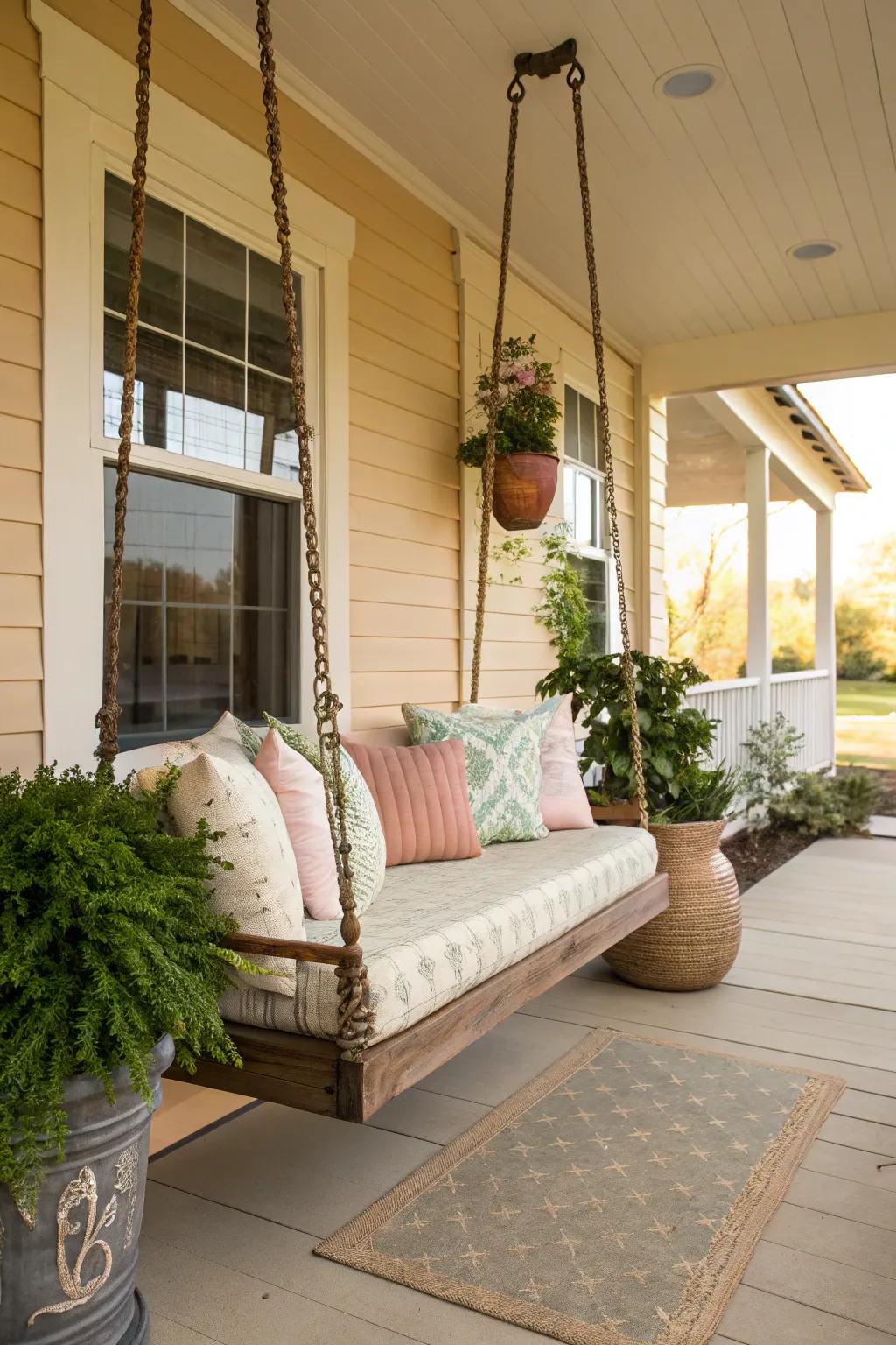 A hanging swing imparts a playful and restful touch to your porch.