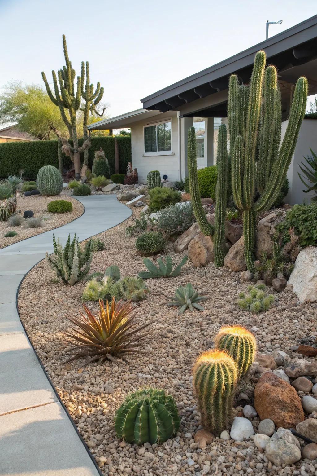 Stone mulch for moisture retention and weed management.