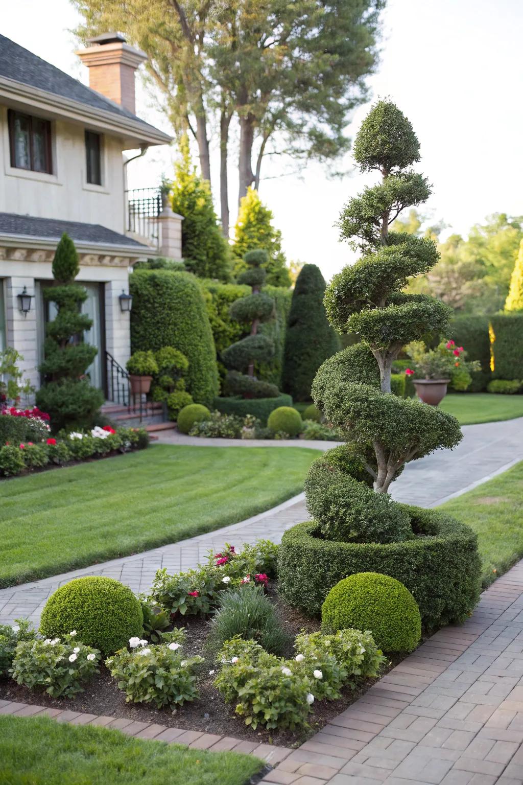 Topiary evergreens introduce playfulness and sophistication to the landscape.