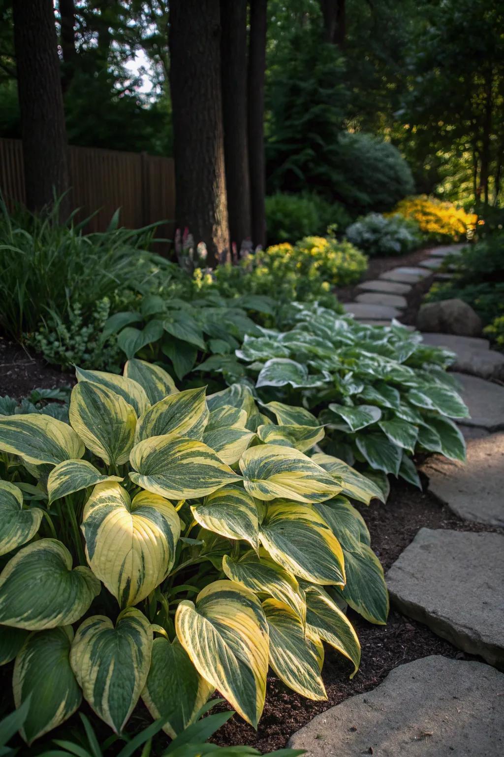 Diverse-colored hostas brighten up shaded garden zones.