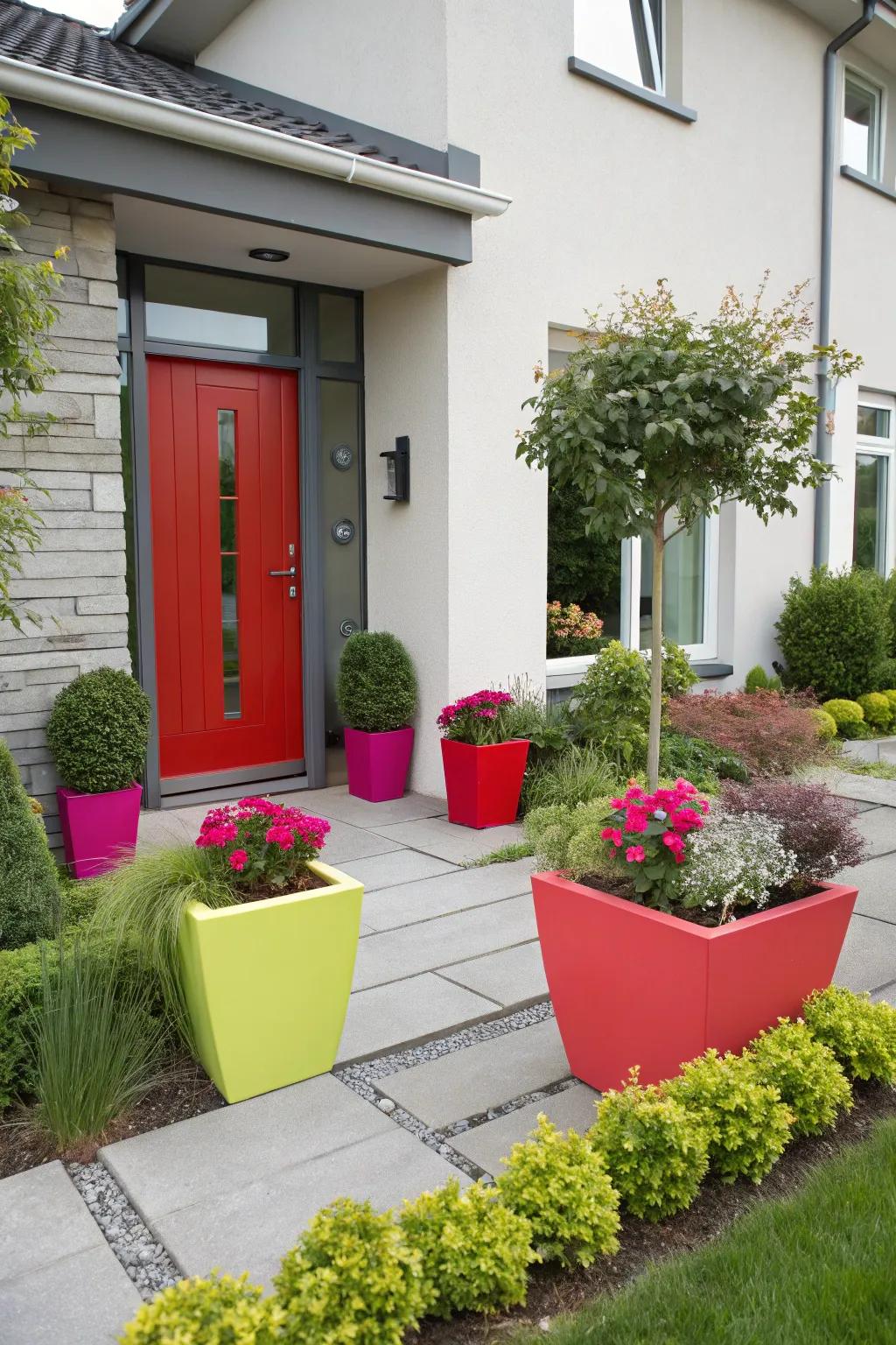 Striking accent colors append a memorable touch to contemporary front yards.