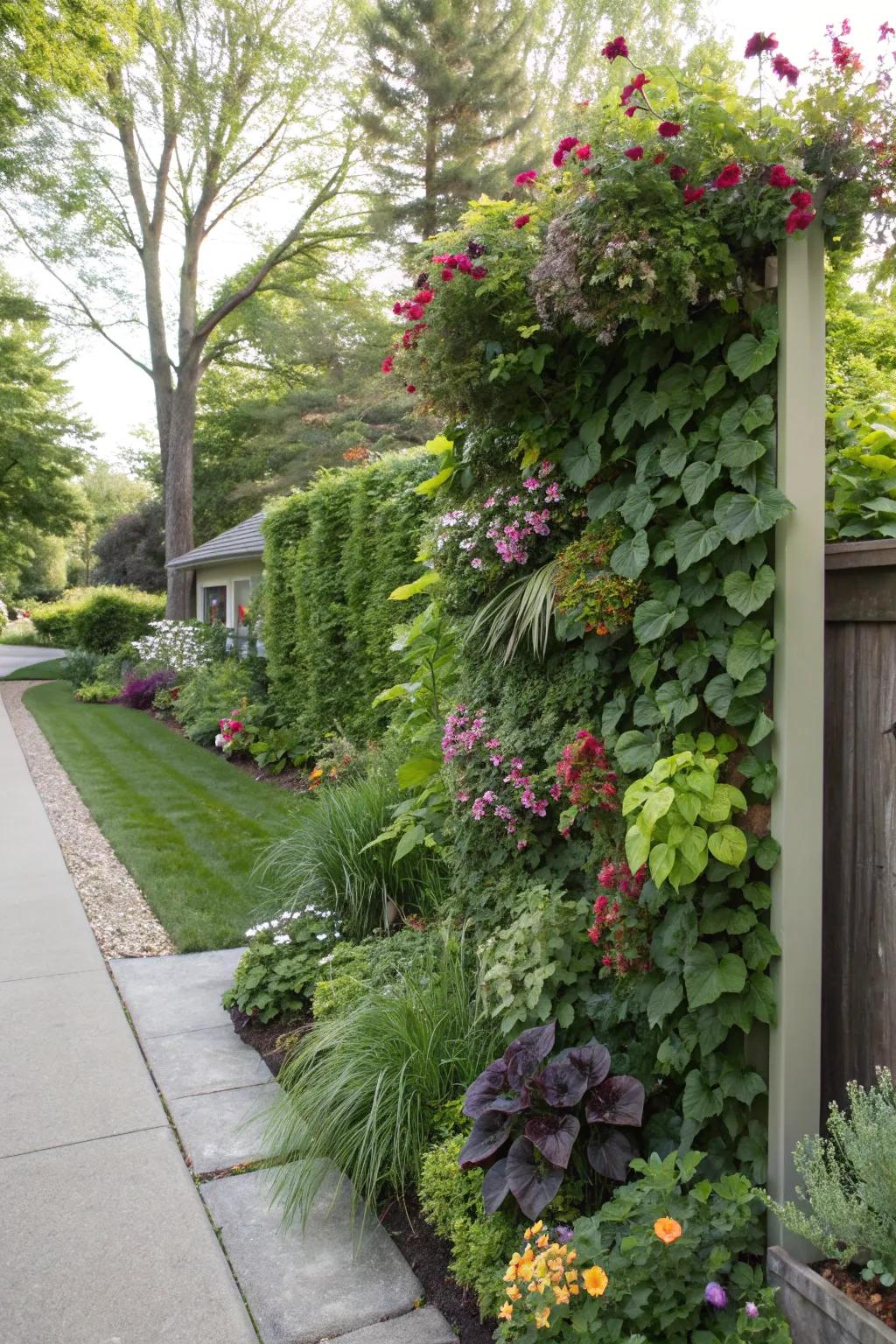 Upright gardens maximize space while providing privacy and greenery.