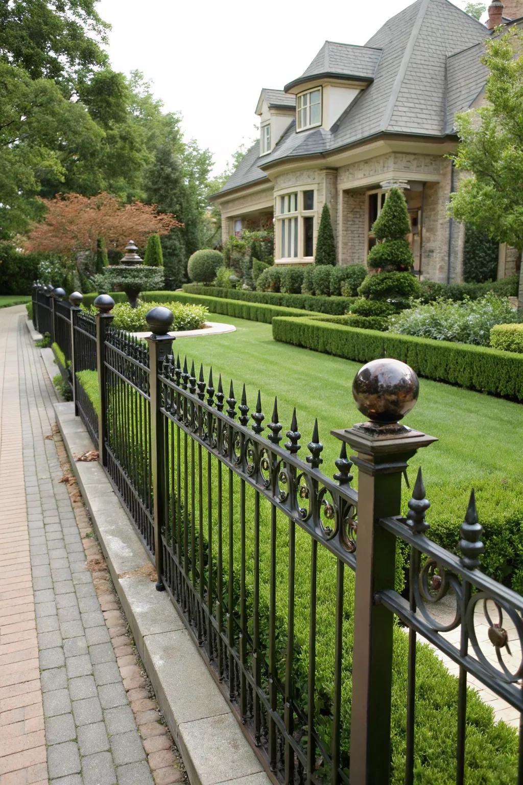 A decorative metal barrier with balltop accents adding elegance to a front yard.