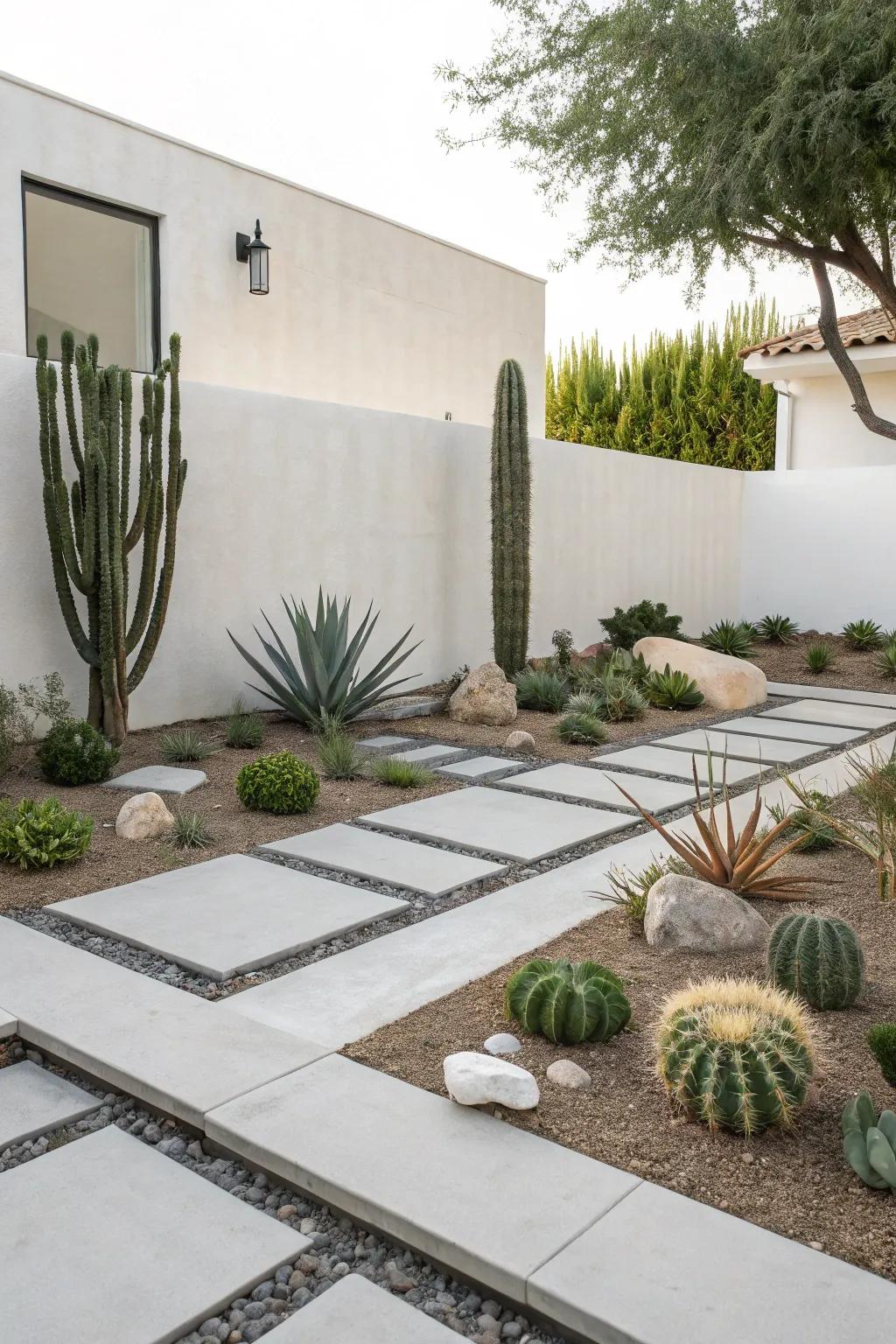 A tidy and simple xeriscape that stresses minimalism.