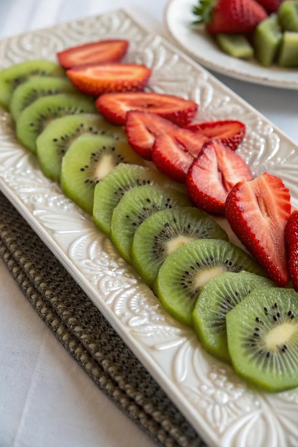 Kiwi and strawberry dishes create a fresh, vibrant appearance.