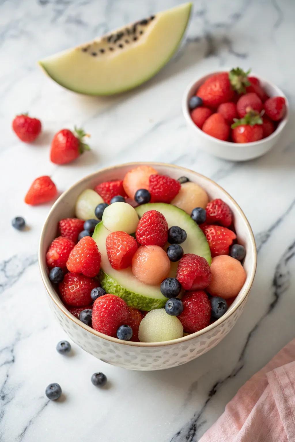 Melon and berry balls provide an appealing and uniform texture.