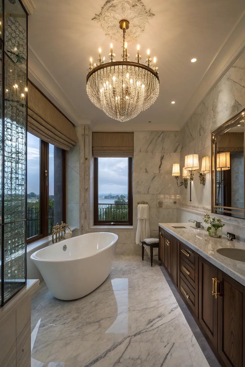 An opulent chandelier elevates the sophistication of this bathroom.