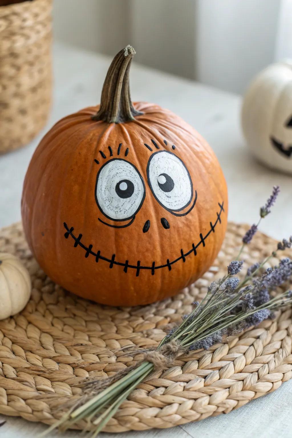Bring a smile to your space with this whimsically painted gourd&mdash;perfect for a lighthearted Halloween vibe!