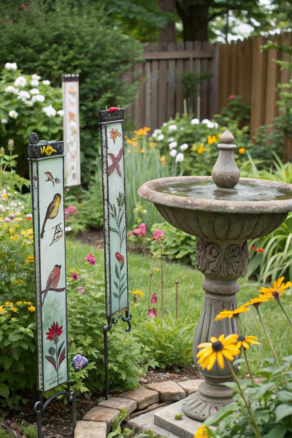 Bird-themed glass stakes enhancing the organic grace of the garden.