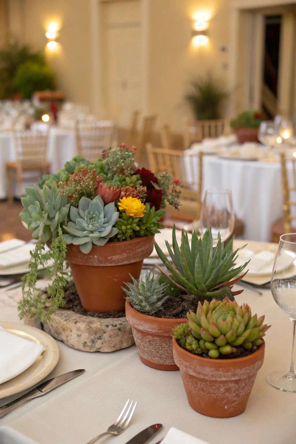 Eco-conscious centerpieces highlighting potted plants and succulents.