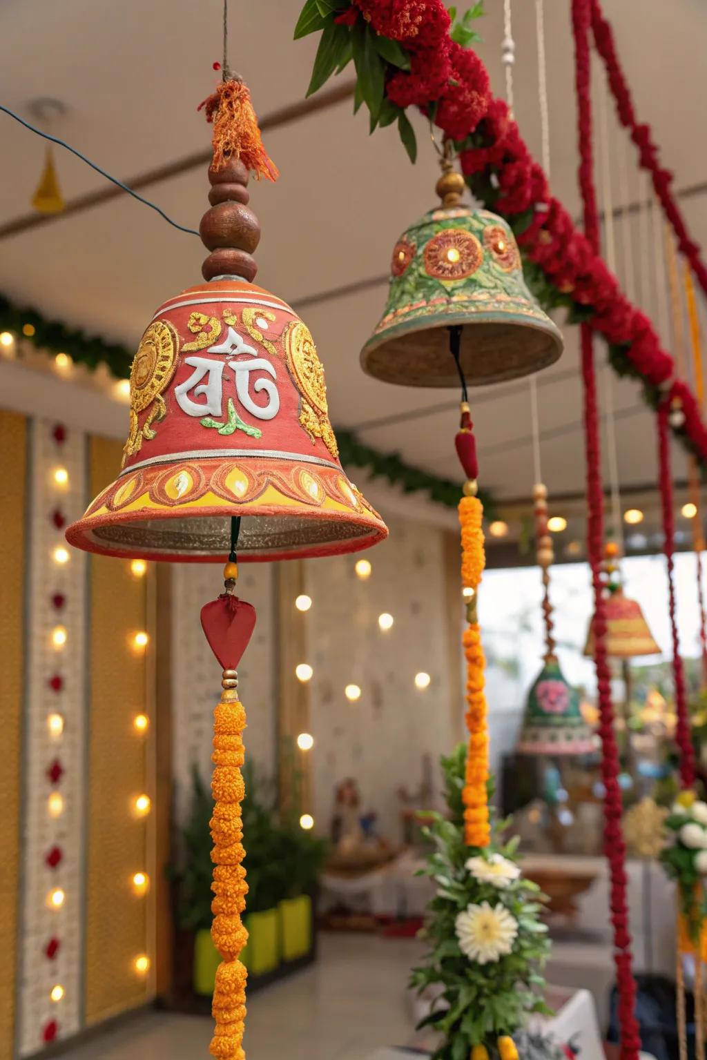 Suspended bells and sound pieces, adding a serene sonic element to Ganesh Chaturthi decorations.