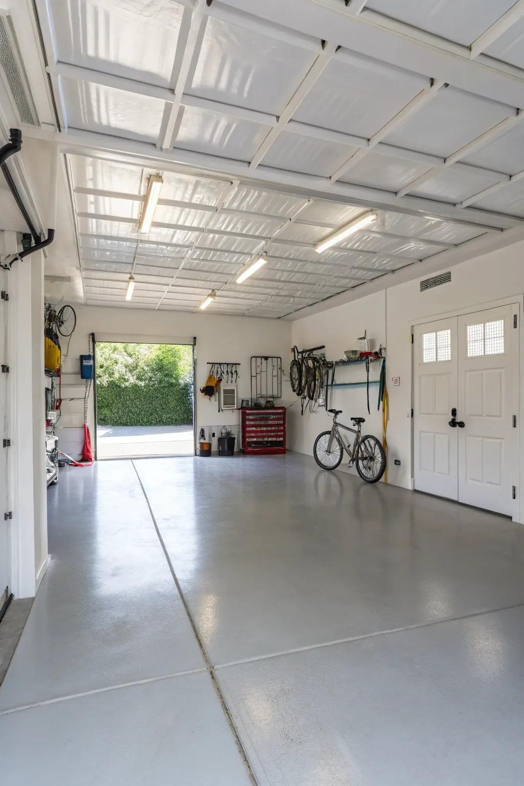 Shiny white paint boosts light reflection, making the garage feel more open.