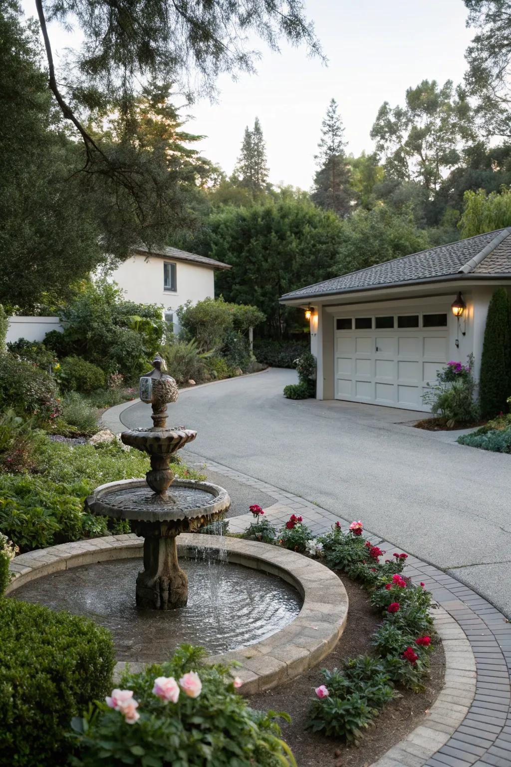 Water elements infuse tranquility and elegance into driveways.