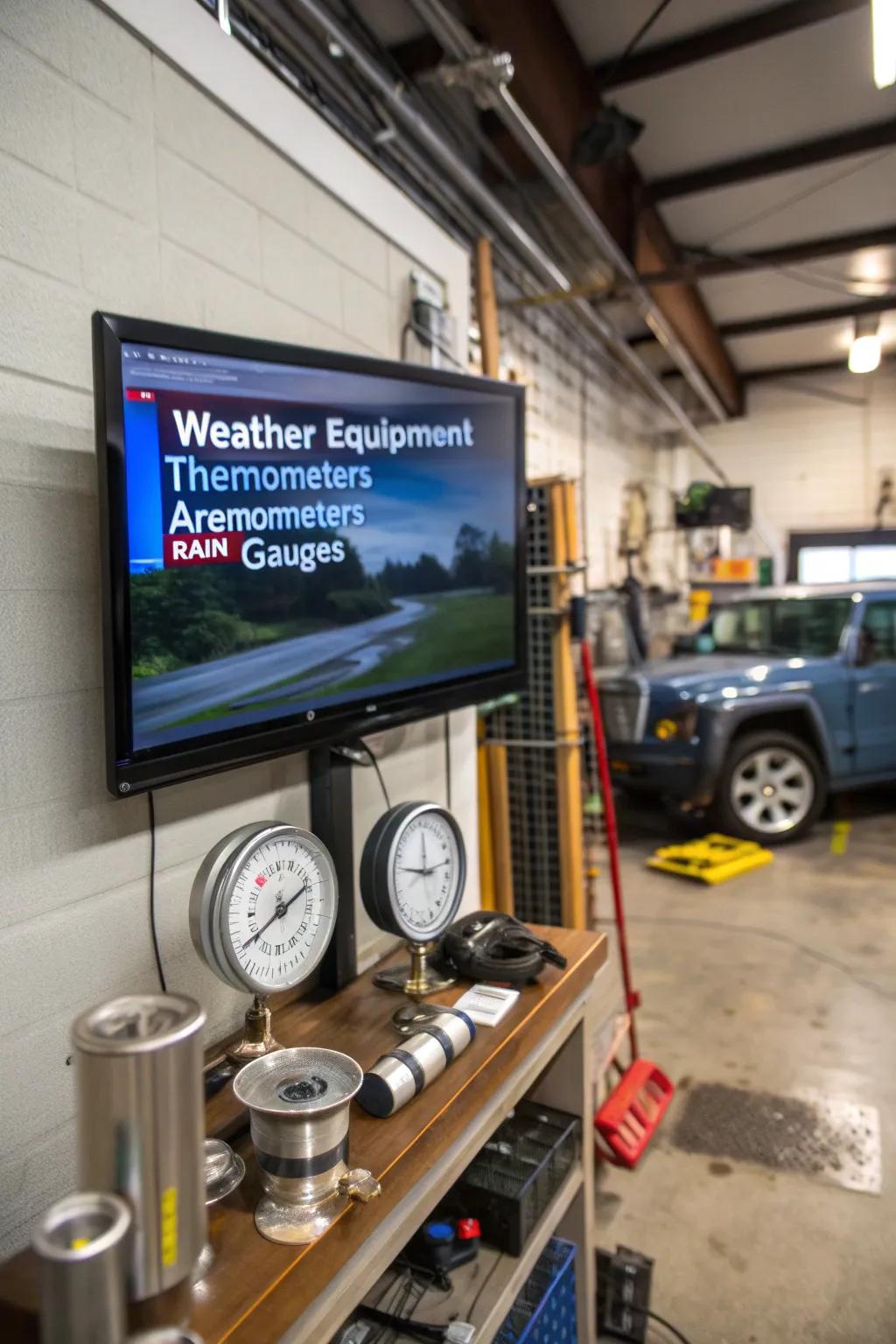 Stay informed with a weather center and TV in your garage.