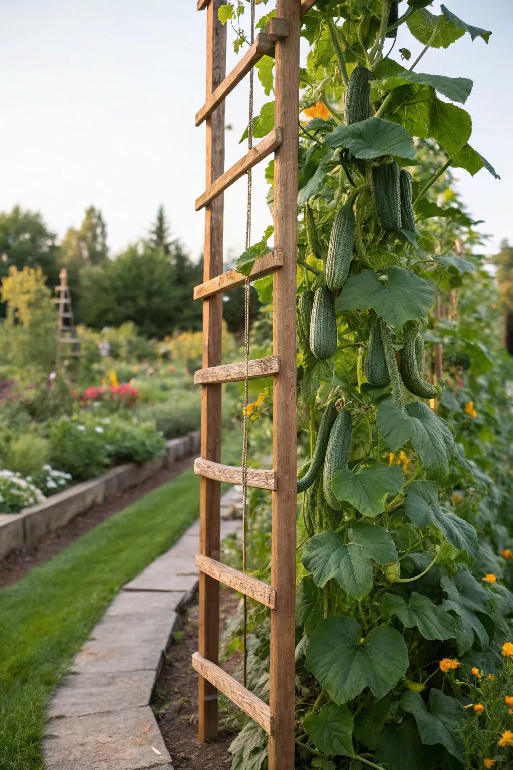 A vertical garden where cucumbers flourish on a trellis.