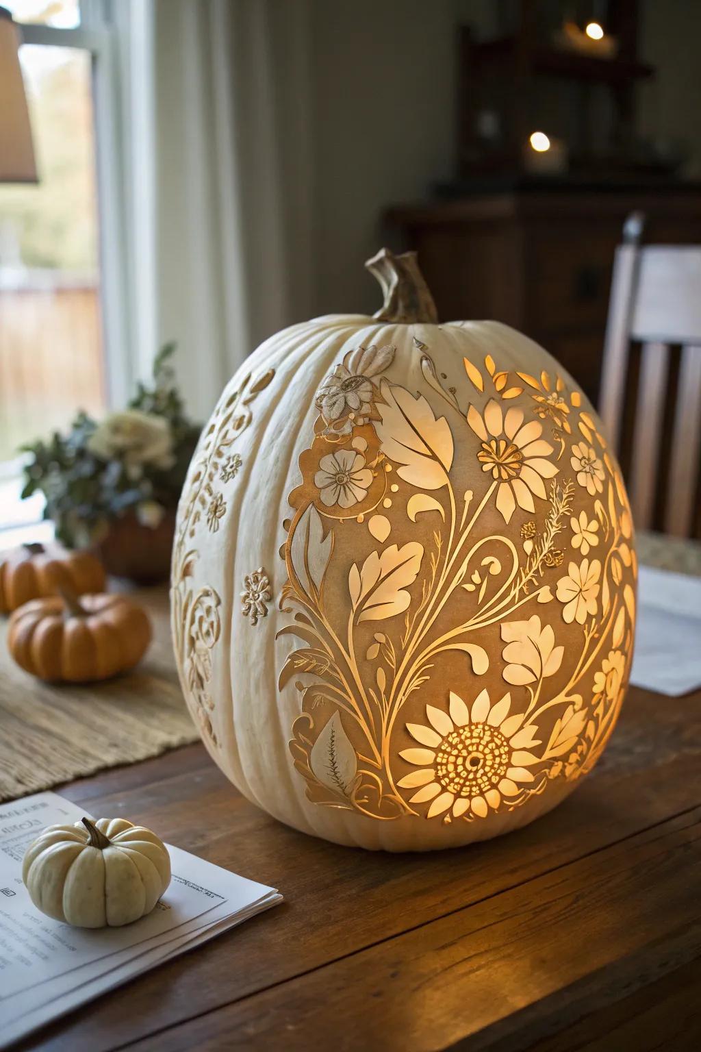 An exquisite botanical dreamscape pumpkin, introducing sophistication to Halloween decor.