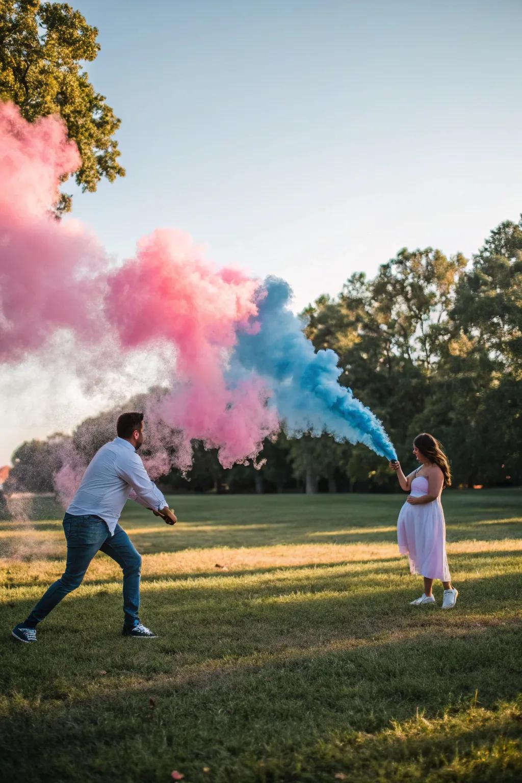 A spectacular burst of color created by gender reveal smoke.