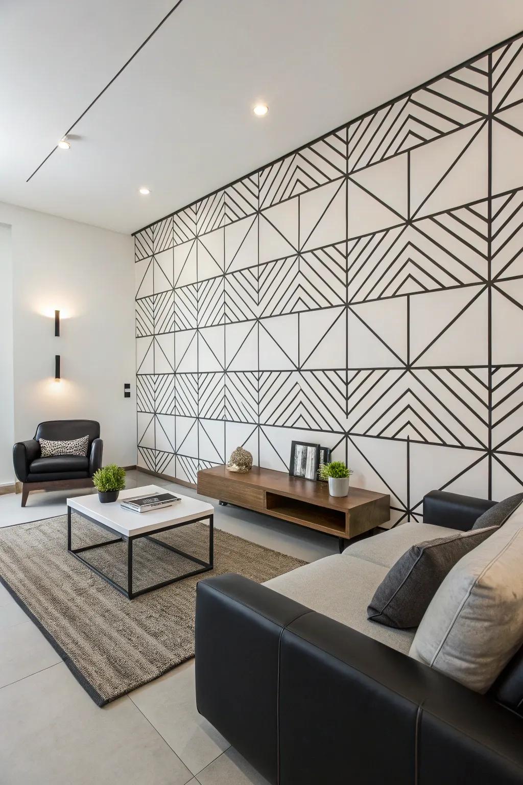 A minimalist space featuring monochrome linear geometric wall designs.
