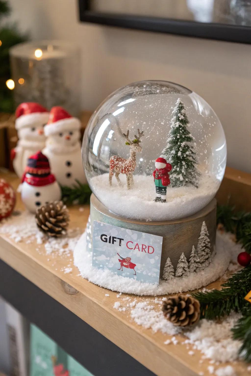 Gift cards acquire an ethereal essence inside a snow sphere.