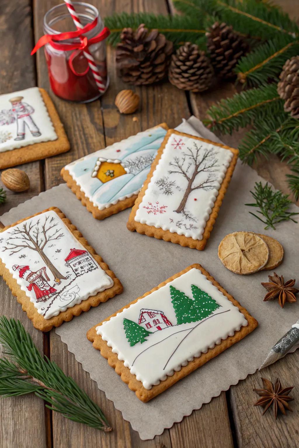Customized gingerbread postcards featuring festive sketches.