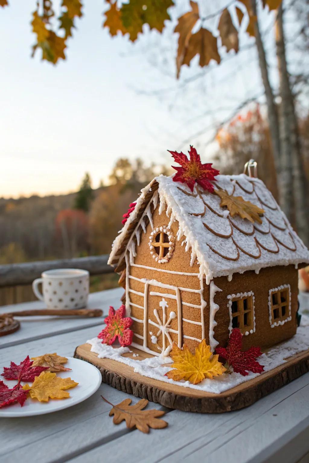 Candied foliage append a hint of green to the gingerbread cabin.
