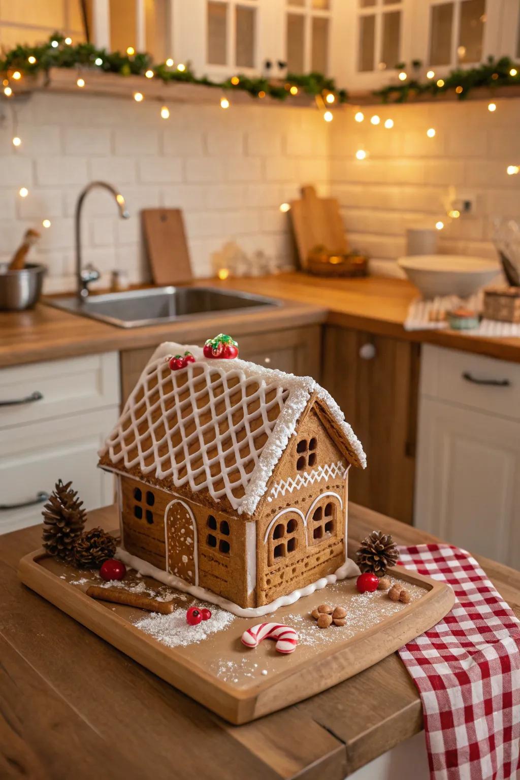 A gingerbread house rooftop featuring grid sweet bread tiles.