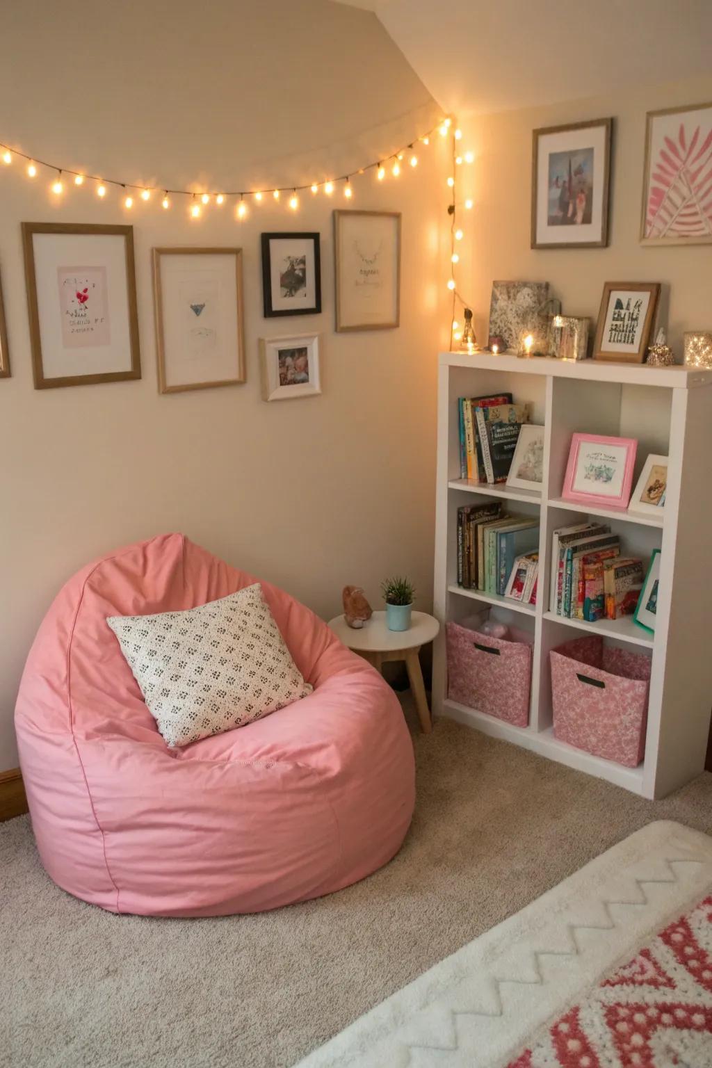 A cozy sitting area is perfect for relaxing or reading.