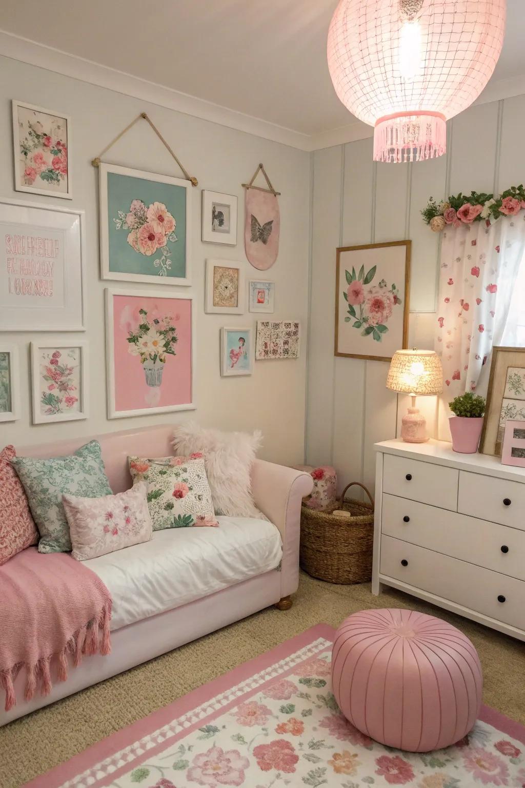 Artistic wall decor personalizes the room with style.