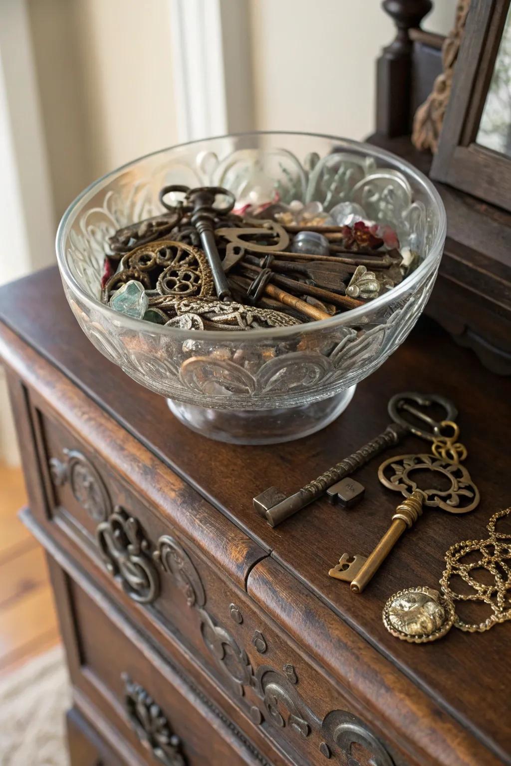 Old-time charm with keys and trinkets in a glass bowl.