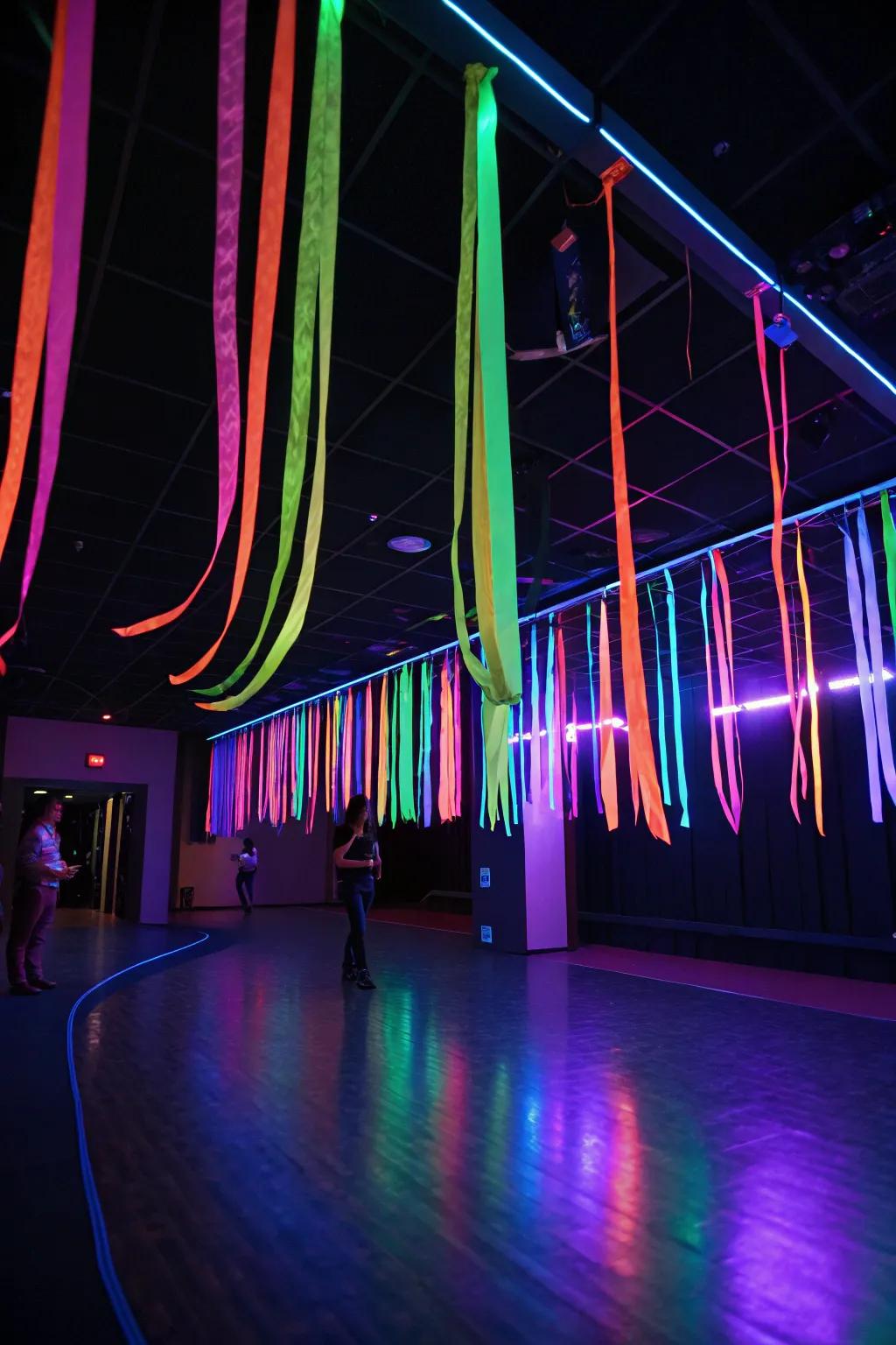 Beautify your decor with a ceiling of neon streamers.