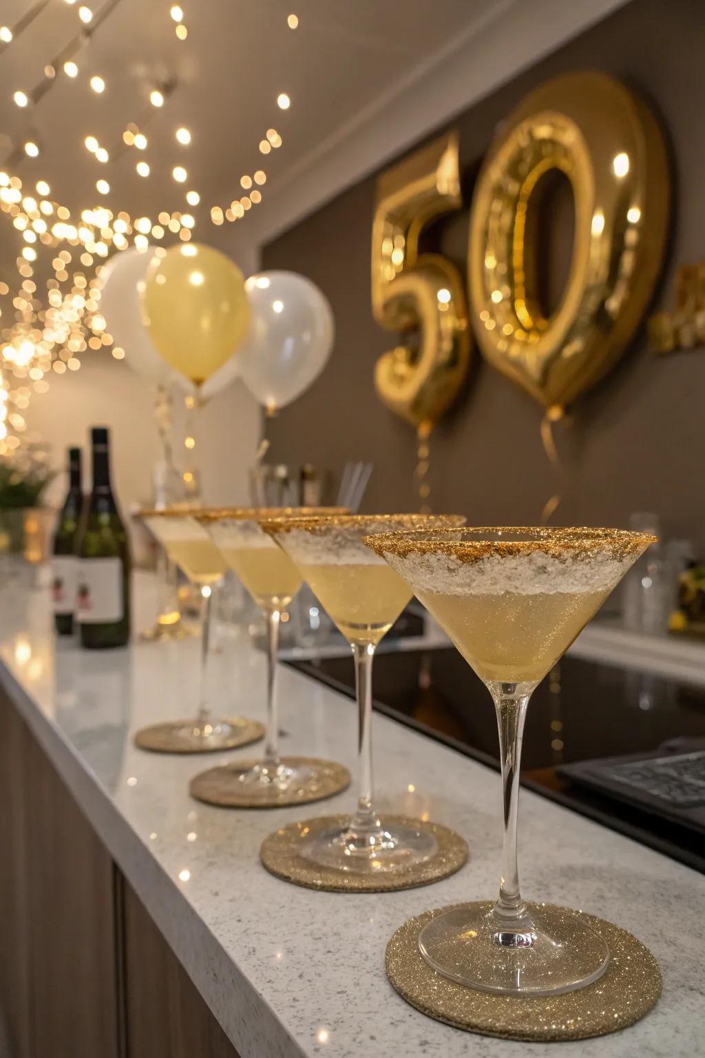 Custom gilded cocktails contribute a celebratory twinkle to the festivity.