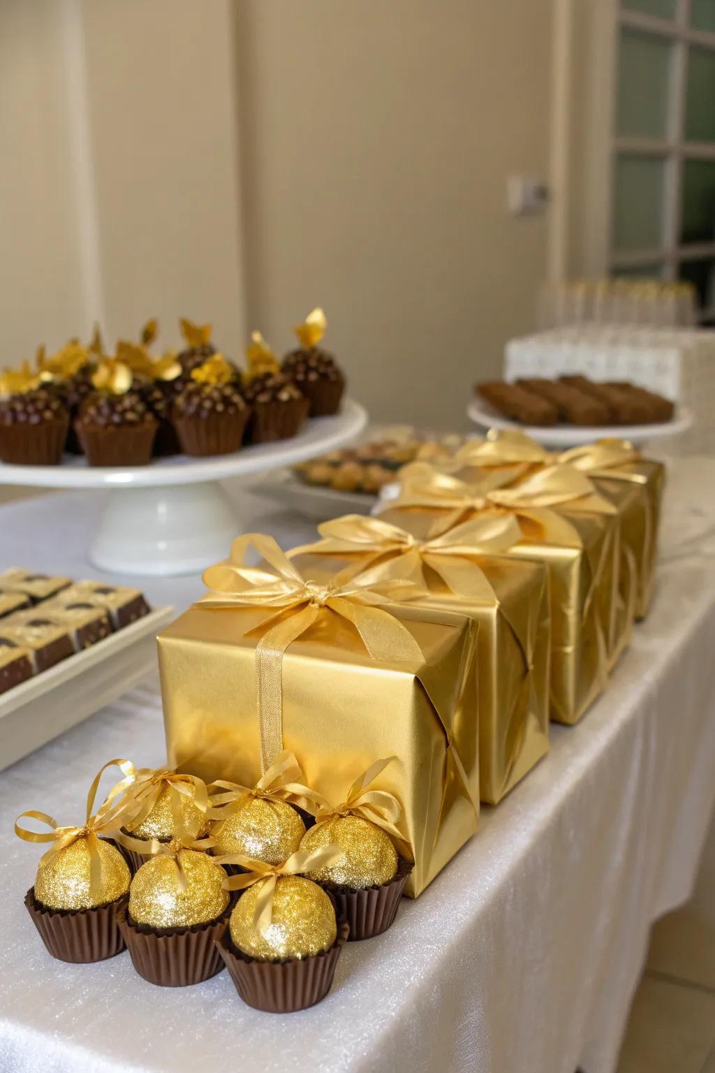 Favors wrapped in gold that leave a lasting impression on guests.