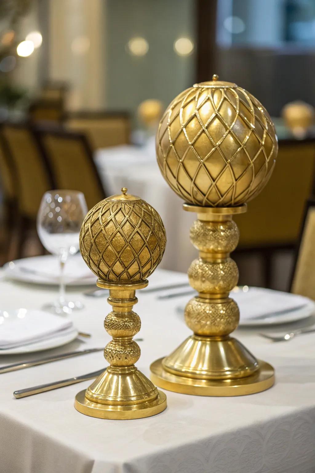 Artistic gold spherical constructions making a bold statement.