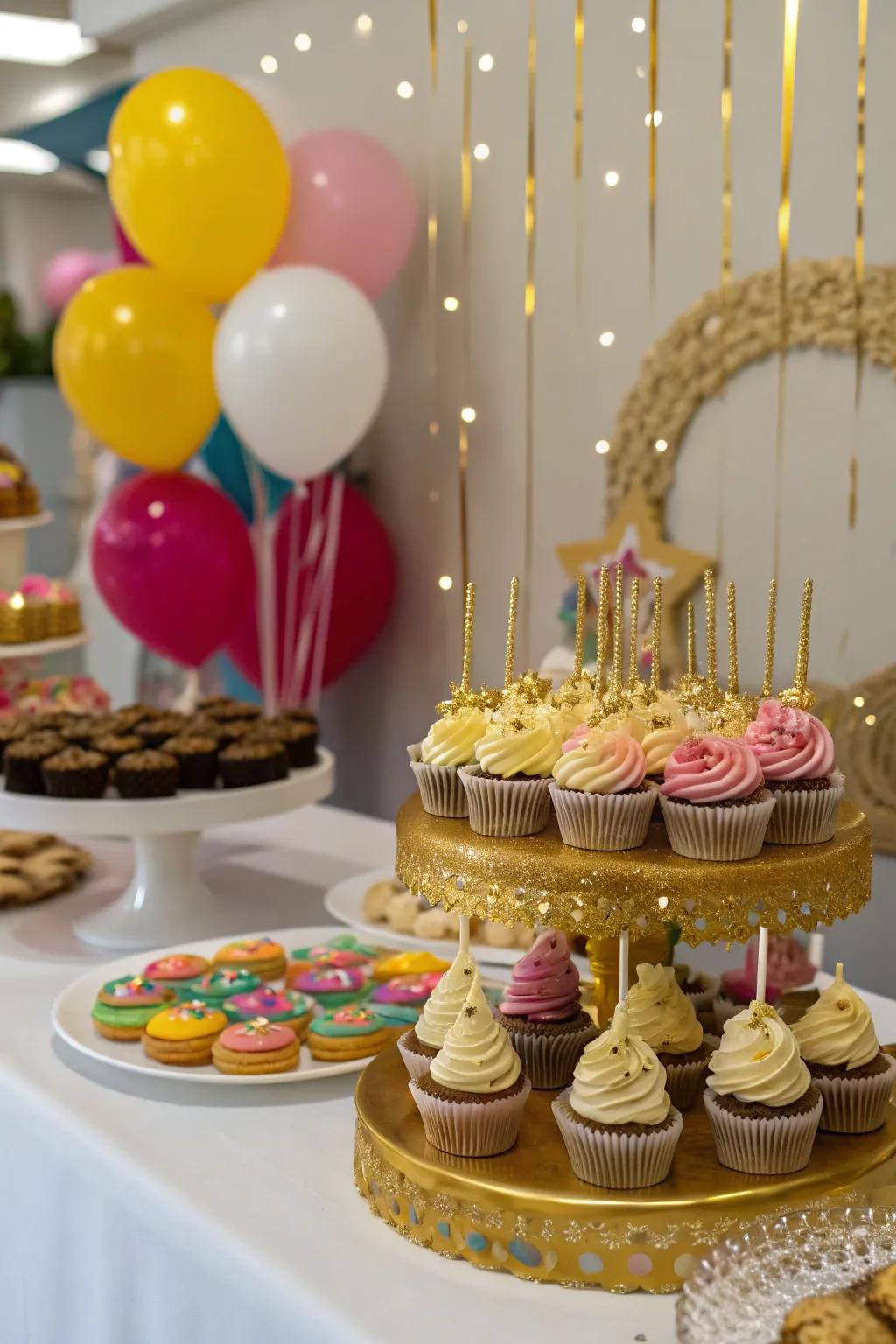 An exquisite dessert showcase with gold-decorated treats.