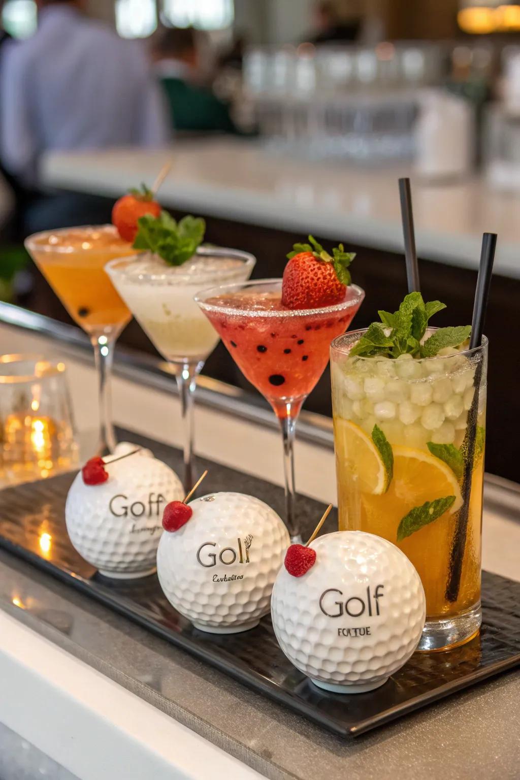 Distinct golf-themed cocktails add a unique touch to the bar menu.