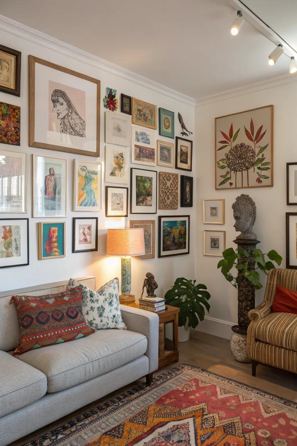 A one-of-a-kind and customized gallery wall with a variety of styles.