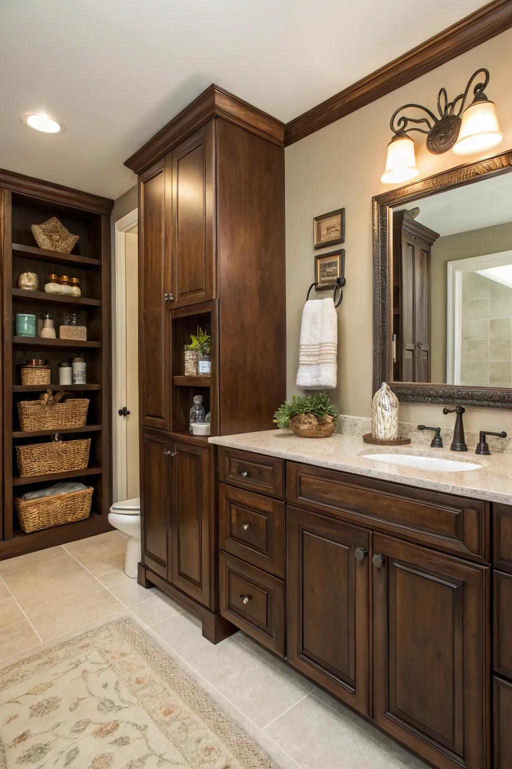 Dark wood elements bring warmth and texture to the gothic bathroom.