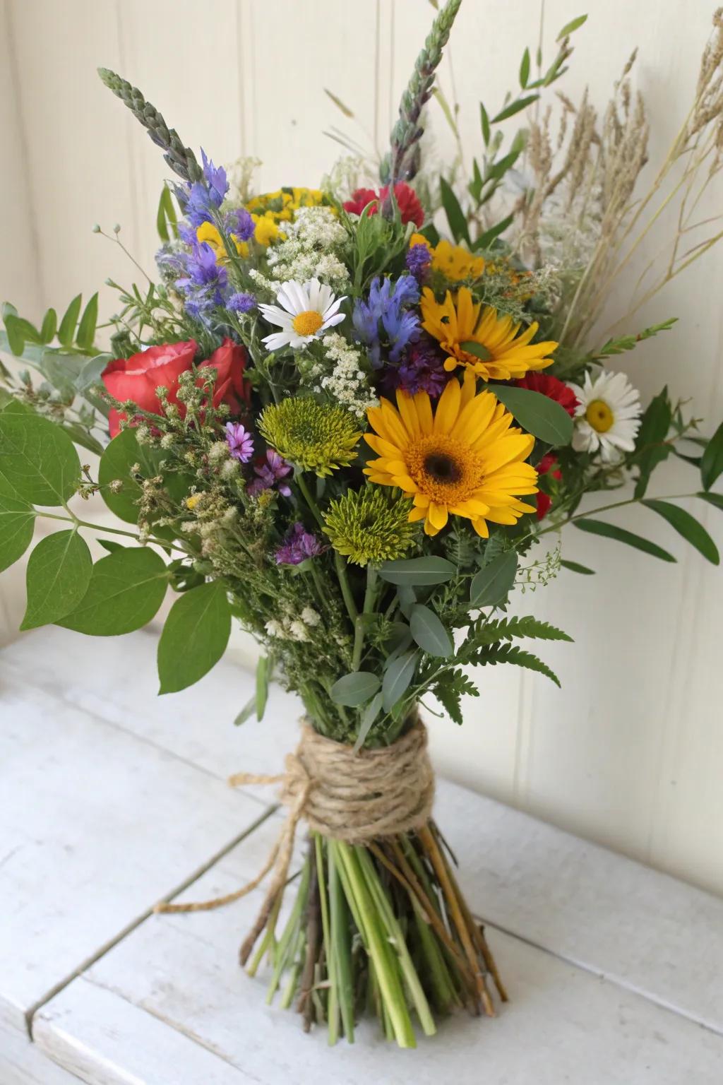 A colorful field blossom arrangement for a natural celebration.