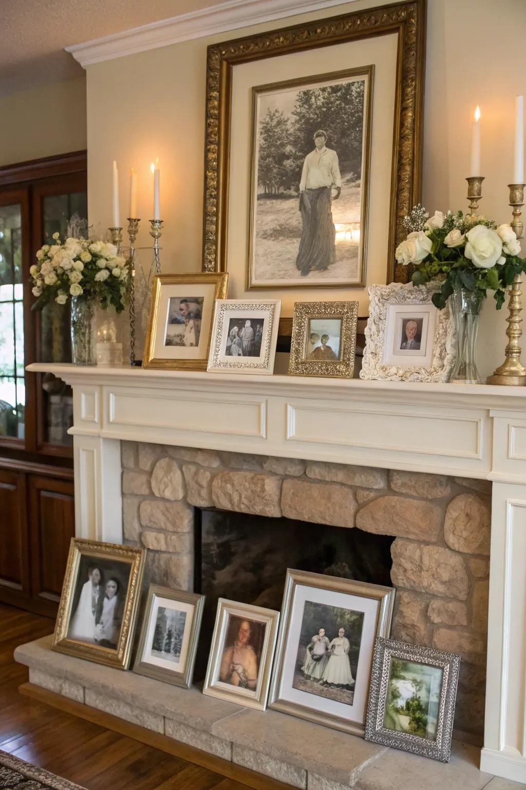 A collection of vintage frames allows for an eclectic and charming display.
