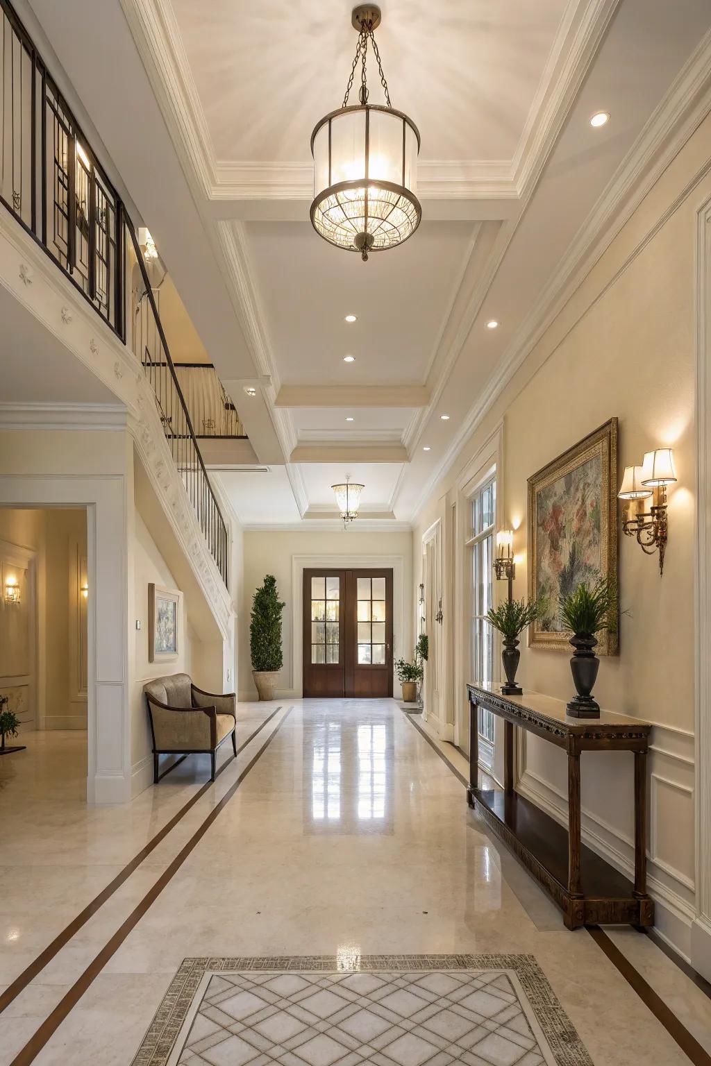 Subdued tones engender a timeless and serene ambiance in a majestic entryway.