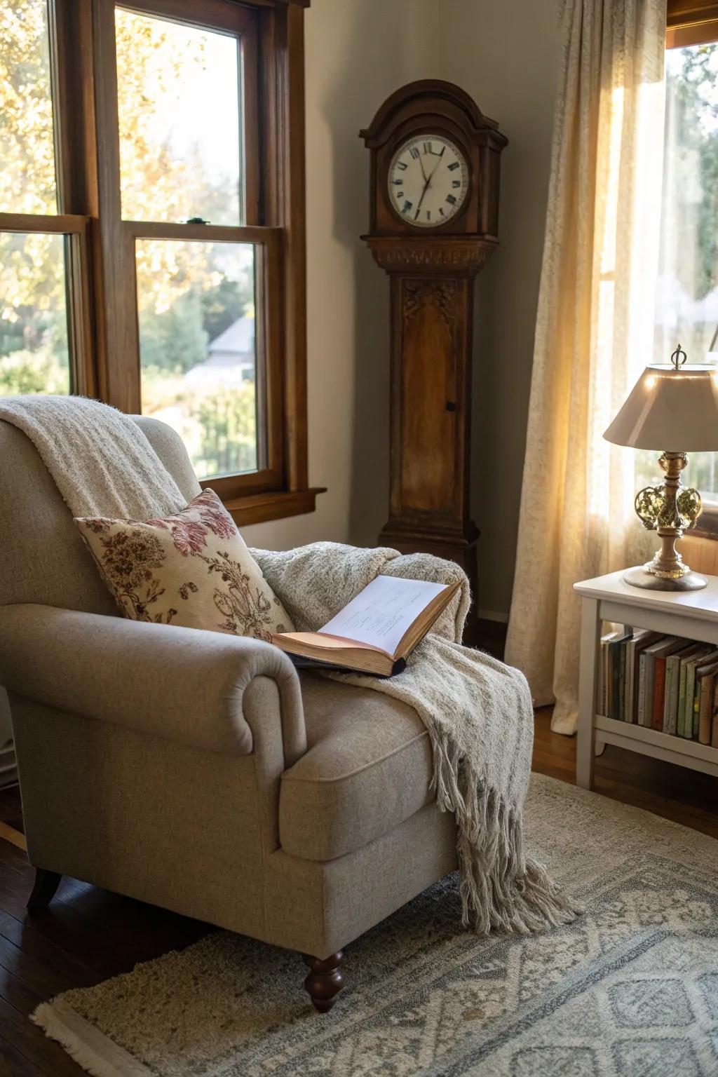 A longcase clock brings a relaxing feeling to a bedroom reading spot.