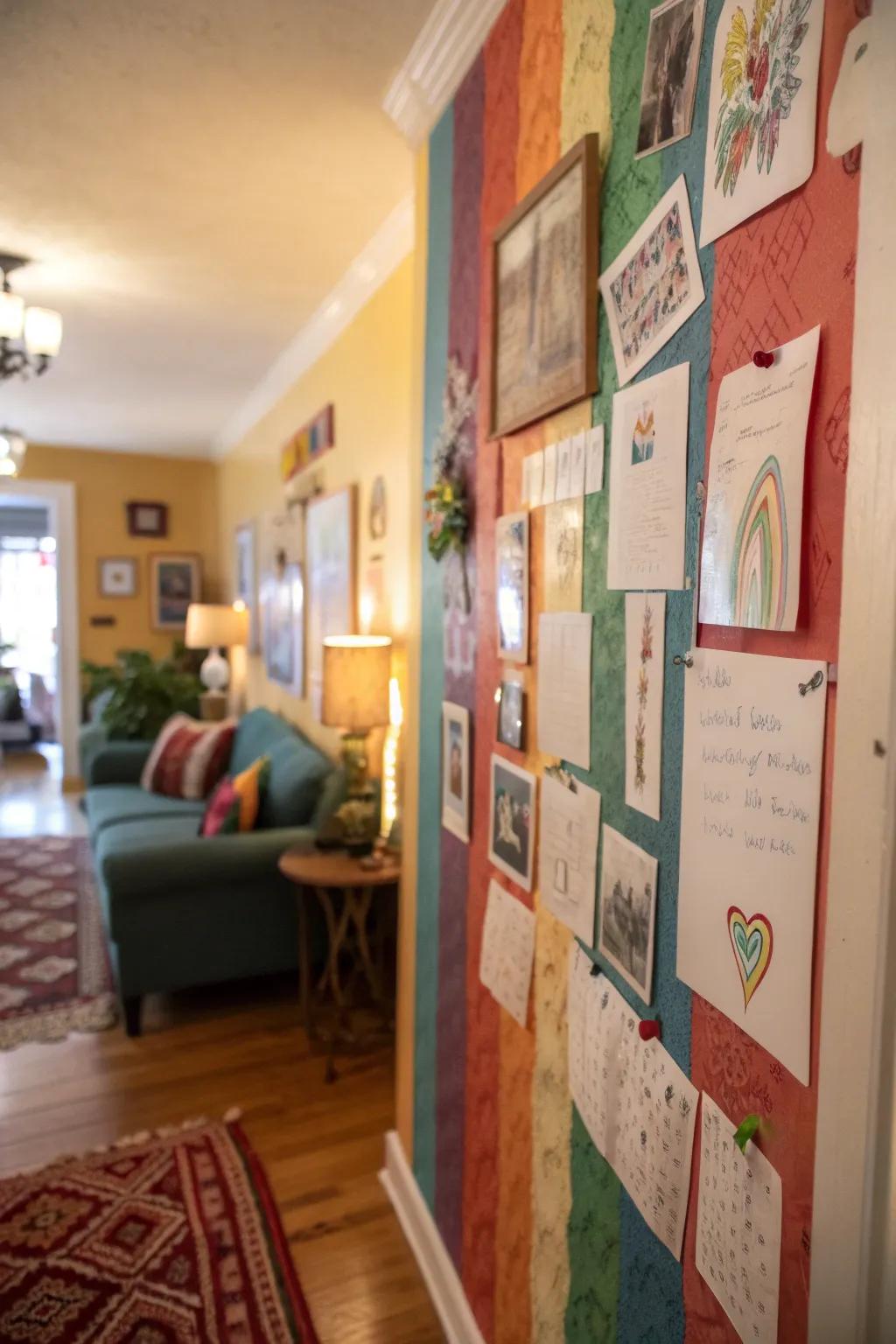 A wall with an artistic flair showcasing drawings and gratitude.