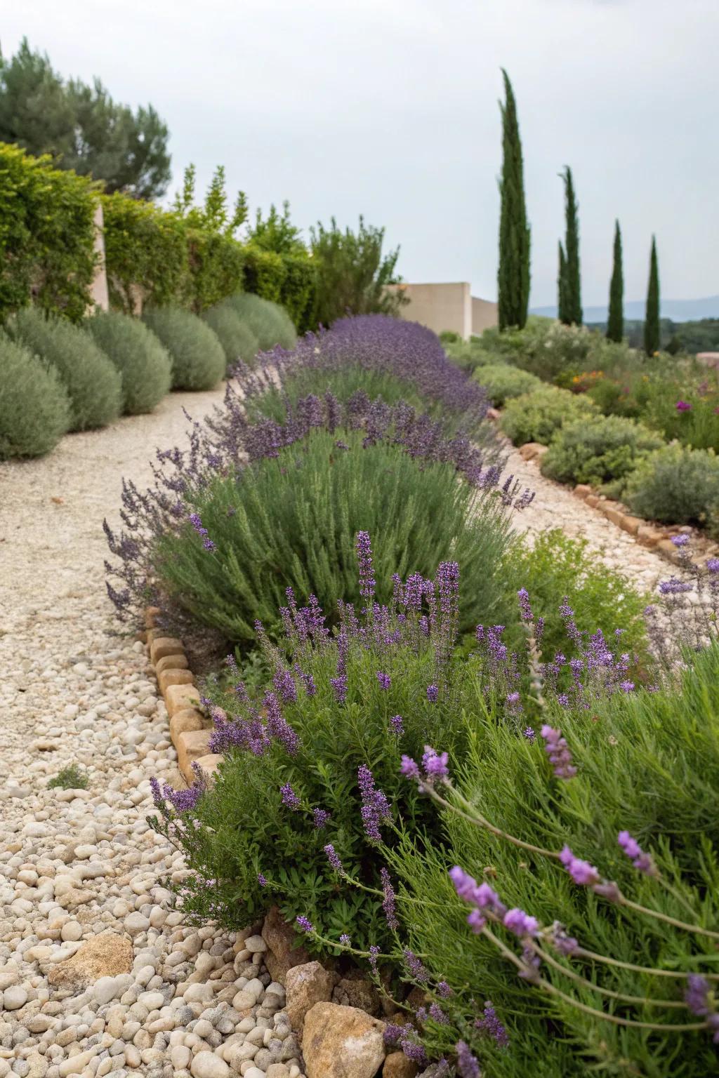 A Mediterranean-inspired pebble garden bed populated with fragrant vegetation