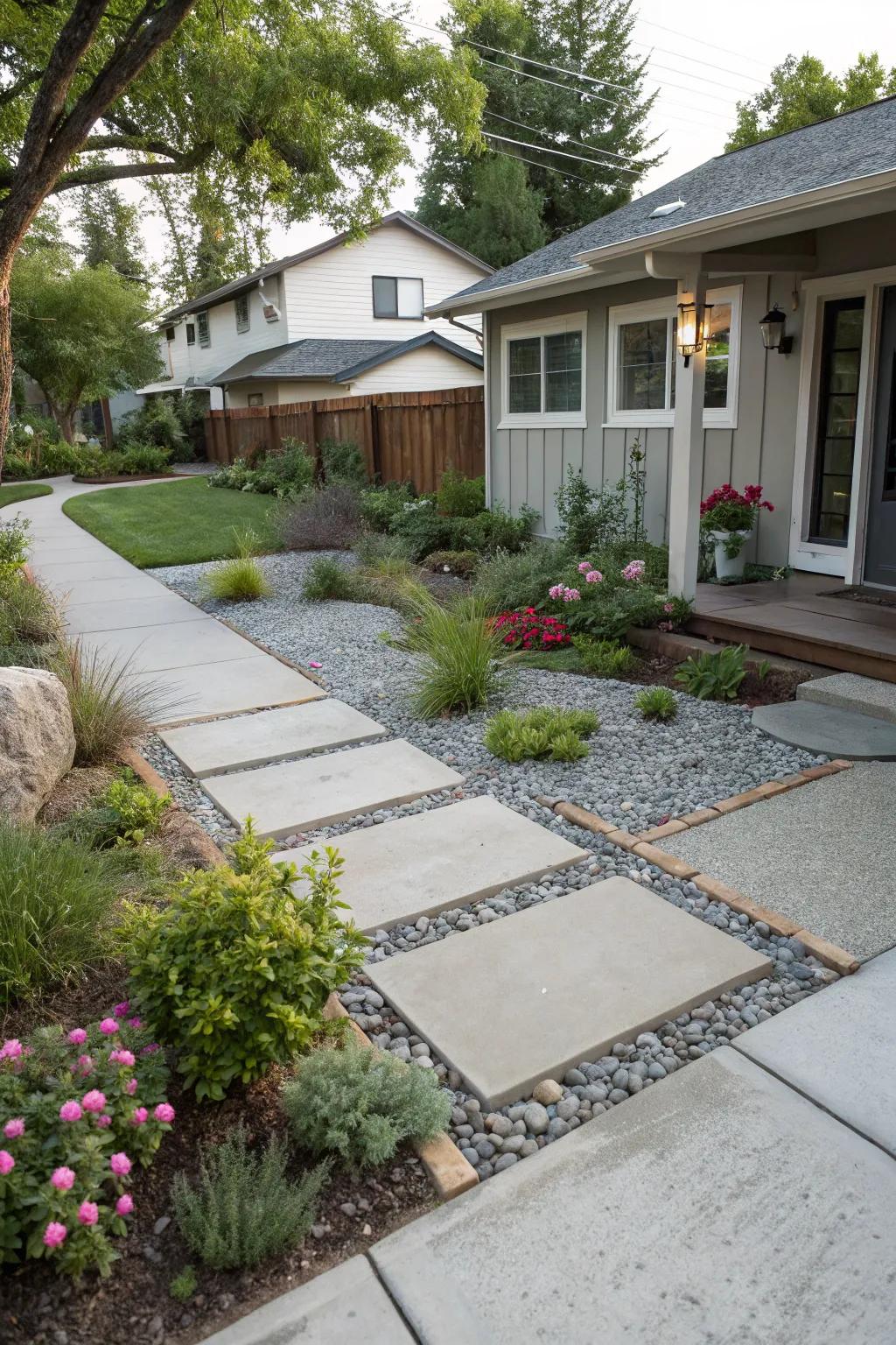 A harmonious blend of gravel and concrete creates a textured landscape.