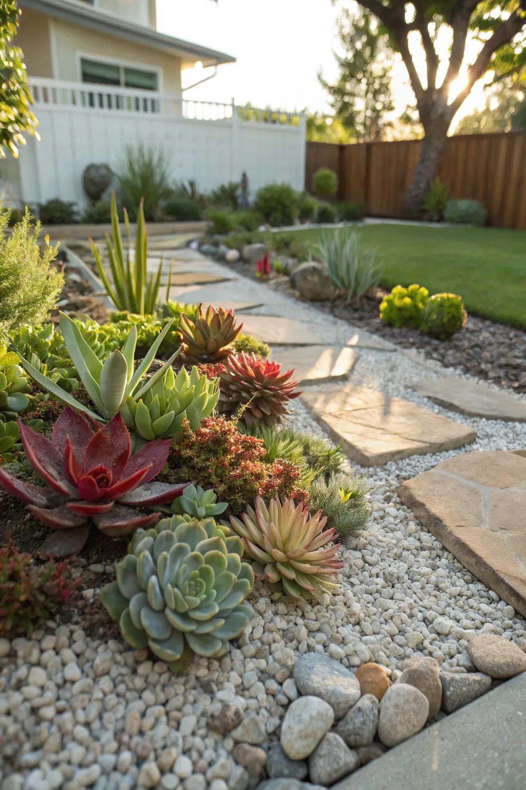 A striking succulent garden thriving in a bed of gravel.